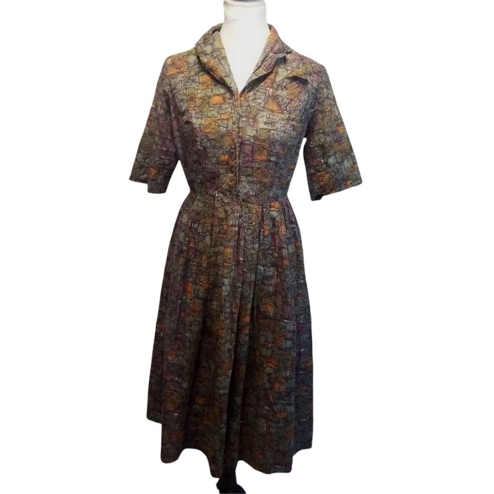 Vintage 1950s Abstract Pollock Print Day Dress, Atomic MCM Midcentury Shirtwaist - Picture 4 of 11